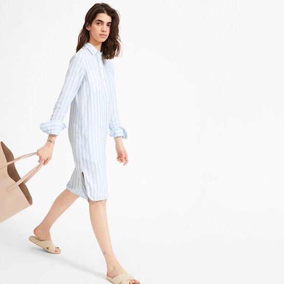 Everlane Linen Dress Blue & White Striped Collared Shirt Dress Size 00 - Picture 6 of 10